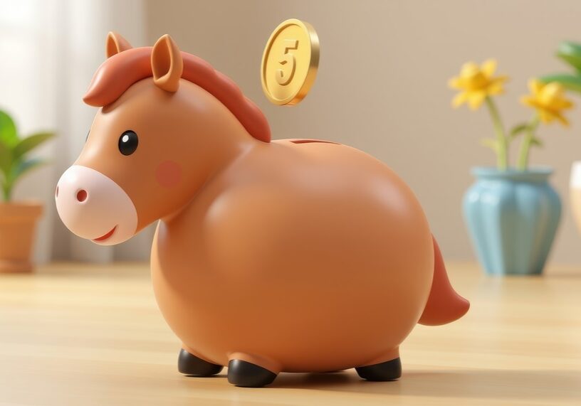cute chubby horse shaped coin bank, fully designed as a cartoon horse, round plump body like a saving bank, no pig features, no pig nose, with clearly visible coin slot on top of the back
