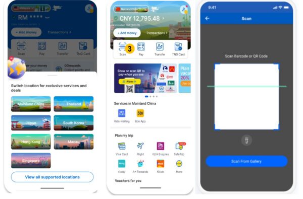 screenshots of tng ewallet china home page, apps in china