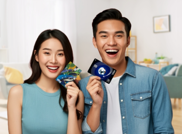 couple holding Touch 'n Go eWallet Visa Travel Card